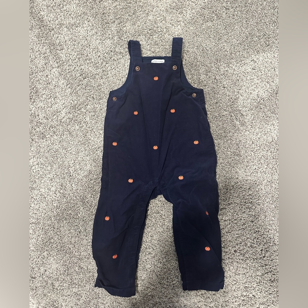 Janie and Jack Navy corduroy Overalls with embroidered Orange Pumpkins